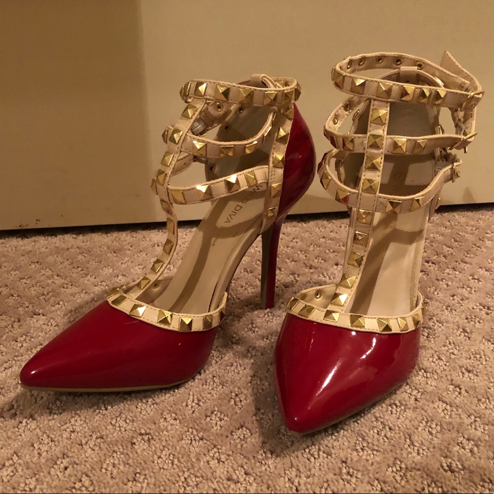 Red and Nude Patent Leather Studded Heels